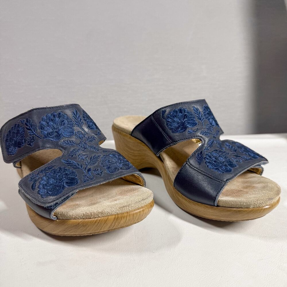 Alegria Linn Embroidered Leather Navy Wedge Sandal 38 Size 8 - 8.5 US LIN 622 N - Picture 2 of 6